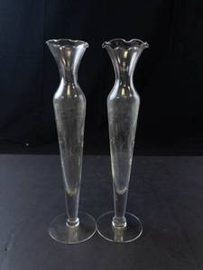 Princess House Heritage Crystal Bud Vases - Pair, Ruffled Rim & Etched Floral