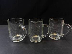 Three Clear Glass Mugs with Etched Leaf Pattern (Lot of 3)