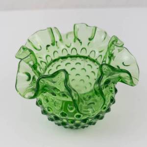Fenton Green Hobnail Ruffled Glass Vase - Vintage Collectible