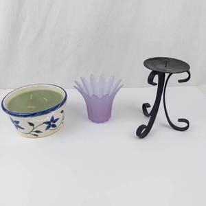 Homes For Living Assorted Decor - Ceramic Floral Bowl with Green Wax Candle (Lot of 3)