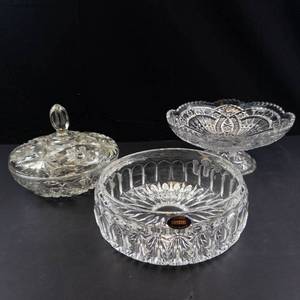 Crystal Glass 3-Piece Set - Lidded Dish, Pedestal Bowl & Bowl