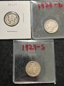 3 US MERCURY DIMES 1929P-D-S