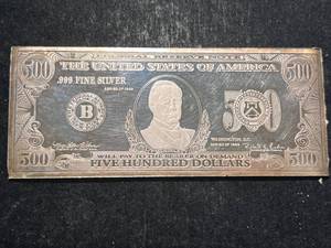 4 TROY OZ .999 FINE SILVER $500 BILL DESIGNED BAR