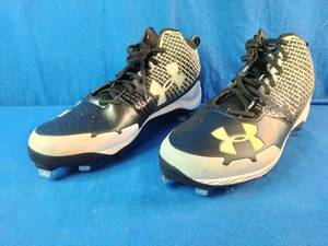Brand New Under Armour Spine Heater Mid metal baseball cleats in black and white. Size 13