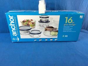 Brand New  Anchor Hocking 16-piece glass food storage set featuring round containers with blue lids