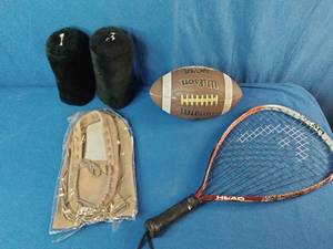 Moccasins, Football, Golf Club Covers, and a Racket Ball Racket