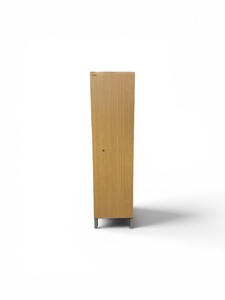 minimalist, tall, locking cabinet in a light oak veneer with thin metal legs.