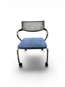 Vitra Visaroll 2 meeting chair in blue fabric with a perforated black back and chrome frame