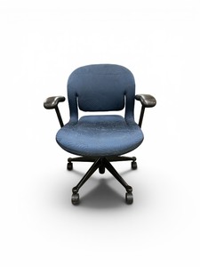 Blue Upholstered Herman Miller Equa task chair with a black base and adjustable arms