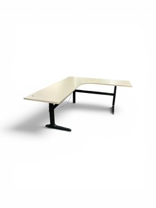 L Shaped Height Adjustable Power Desk with a Black metal Frame