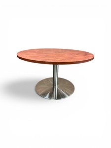 Cherry Round Coffee Table featuring a brushed metal base.