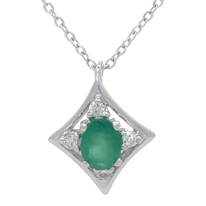 0.55 Carat Natural Emerald & Natural Diamond Art Deco Pendant Necklace in 14k White Gold VIDEO