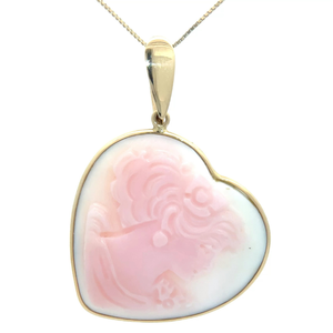 Carved Portrait Cameo Pink & White Heart Pendant in 14k Yellow Gold VIDEO
