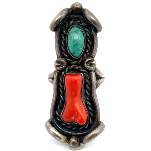 Vintage Rustic Navajo Red Coral & Turquoise Elongated Coffin Ring VIDEO