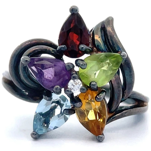 Vintage Peridot, Garnet, Blue Topaz, Amethyst & Citrine Flower Ring VIDEO