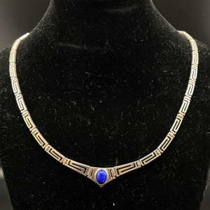 Vintage Natural Lapis Lazuli Filigree Greek Key Link Necklace