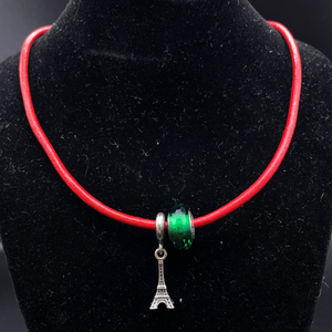Red Cord Necklace with Green Glass Bead and Eiffel Tower Charm