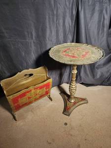 Ornate Red & Gold Magazine Rack and Pedestal Table (Lot of 2)