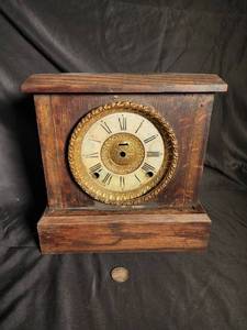 Antique Wooden Mantel Clock Case with Ornate Roman Dial