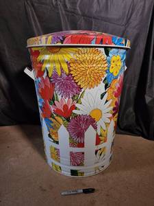 Floral Metal Storage Tub with Mixed Childrens Clothing (Lot of 1)