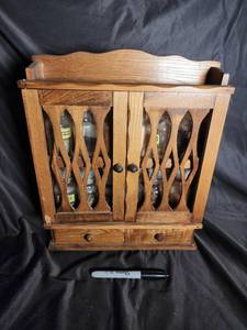 Vintage Wooden Spice Cabinet with 12 Bottles