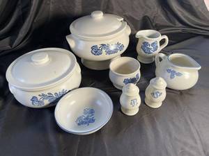 Mixed Blue Floral Stoneware Serveware (Lot of 8)