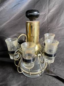Brass-Tone Decanter With 6 Glass Cordials