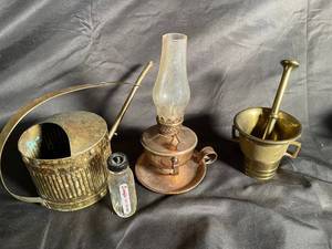 Skultuna 807 Brass Vessel, Oil Lamp & Mortar Set (Lot of 4)