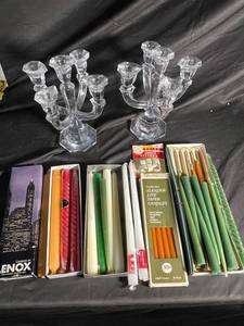 Lenox Crystal Candelabras & Assorted Taper Candles Mixed Lot