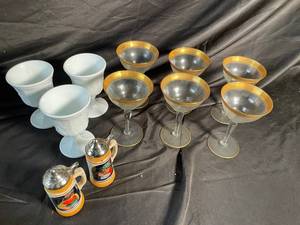 Gold Rim Coupe Glasses, White Goblets & Mugs (Lot of 11)
