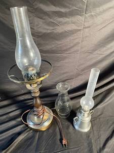 Vintage Oil Lamp, Vntage electric lamp and chimney (Lot of 3)
