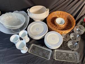 Assorted Dinnerware & Serveware in Storage Tote (Approx. 30 Pieces)