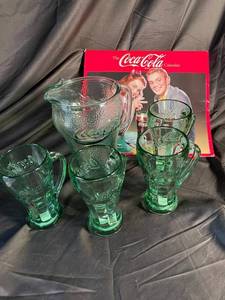 Coca-Cola Glass Pitcher & 4 Mugs Set (Lot of 5)