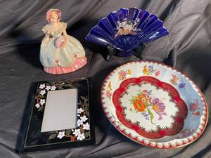 Andrea by Sadek Frame, Blue Fan, Porcelain Figure & Floral Plate (Lot of 4)