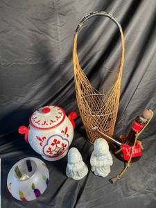 Decorative Ceramic Jar, Vino Bottle, Figural Pieces & Wicker Holder (Lot of 6)