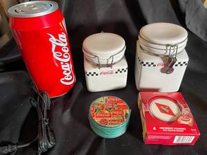 Coca-Cola Kitchen Decor Set with Electric Can Cooler & Coasters (Lot of 5)