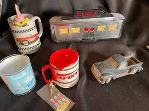 Vintage Diner Sign, Pep Boys Mug, Pontiac Tin & Truck (Lot of 5)