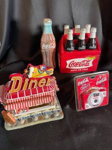 Coca-Cola Diner Cookie Jar, Bottle Carrier & Camera Tin (Lot of 4)