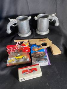 Metal Tankards, Die-Cast Cars & Toy Gun (Lot of 7)