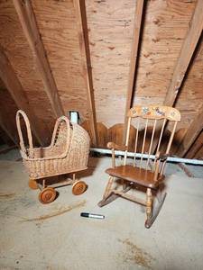 Wicker Baby Carriage & Painted Wooden Rocking Chair