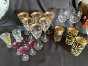 Mixed Glassware Set with Gold Rimmed Goblets & Leopard Tumblers (Lot of 19)