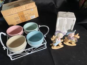 Pastel Ceramic Bowl Set with Cowboy Figurines & Basket Carrier (Lot of 7)