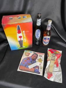 Motion Lamp, Unopened Coors Light & Kalik Bottles, Big Boss Man Stickers & Toy Guitar (Lot of 4)