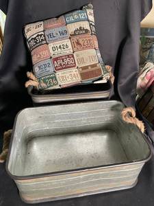 Galvanized Metal Tubs with License Plate Pillow (Lot of 3)