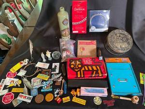 Mixed Lot of Advertising Pins, Novelty Items & Display Boxes