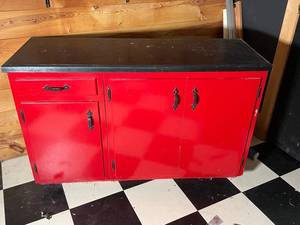 Vintage Red Painted Cabinet with Black Top