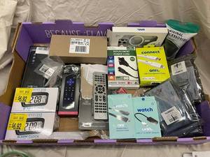 Assorted Electronics Accessories Lot - Remotes, Cables, Adapters & Alarm Clock