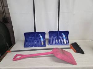 Lot of Snow shovels, broom, Grain Scoop