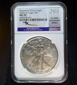 Burnished 2020-W Mercanti Hand Signed NGC MS 70 Silver Eagle, 1 of 381