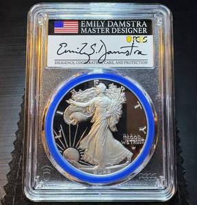 2022-W Damstra Hand Signed PCGS PR70 DCAM Silver Eagle, Blue Ring, 1 of 450